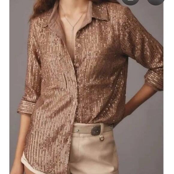 Anthropologie Brown Gold Remie Sequin Sparkle Button Up Blouse Sz LP - Picture 1 of 9